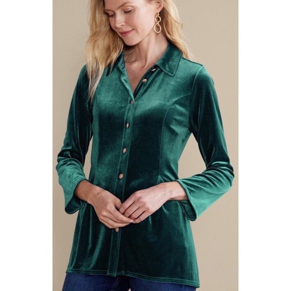 Soft Surroundings (Small) Women’s- Green Velvet Enchanted Button Shirt Fiona - Picture 1 of 16
